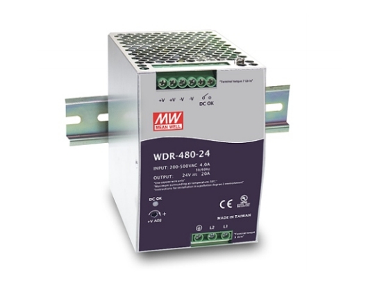 MEAN WELL WDR-480-48, 480 W, 180 - 550 V, 47 - 63 Hz, 1.6 - 4 A, Aktiivinen, 18 ms