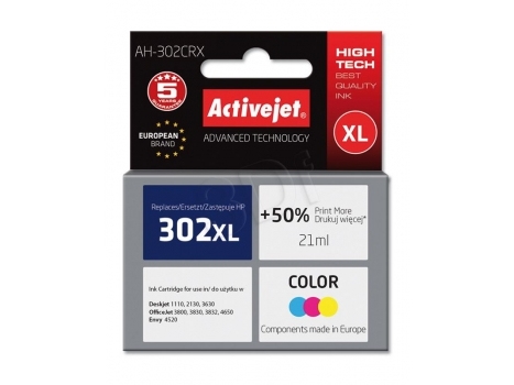 Activejet Ah-302Crx Tintenpatrone (Ersatz Für Hp 302Xl F6u67ae Prämie 21Ml Farbe), Hohe (Xl-) Ausbeute, Tinte Auf Farbstoffbasis, 21 Ml, 500 Seiten,