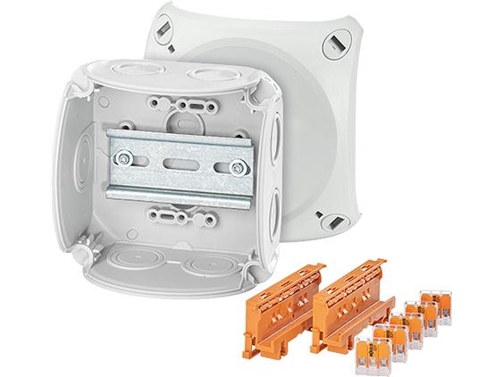 Hensel Forgreningsdåse 0,75-4 Mm² 104X104x70 Mm. Med 2X Wago 221-500 Montagebeslag Og 5X Wago 221-413 3-Leder Kompaktklemmer