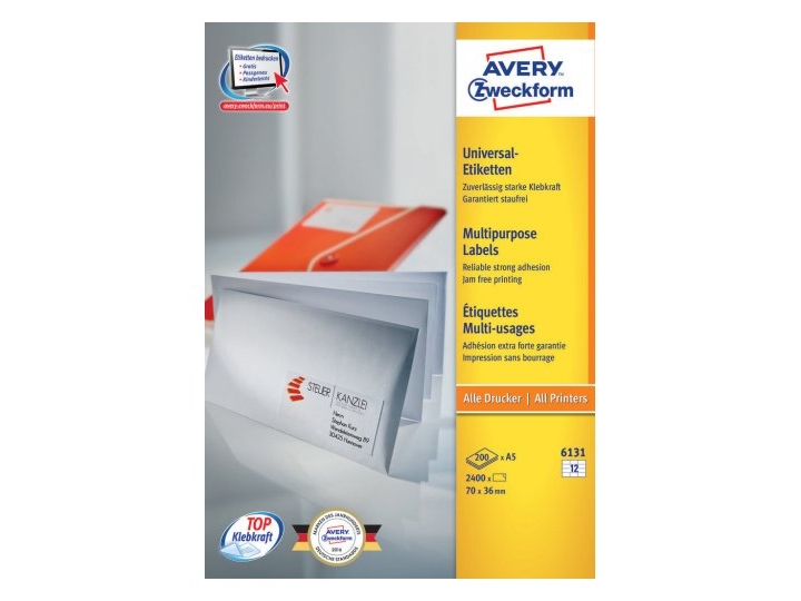 Avery Zweckform 6131, Hvid, Rektandel, Permanent, 70 X 36 Mm, A5, Papir