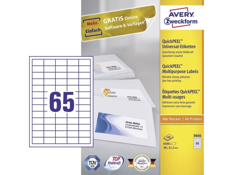 Avery - Hvid - 38.1 X 21.2 Mm 6500 Etikette (100 Ark X 65) Etiketter Til Flere Formål