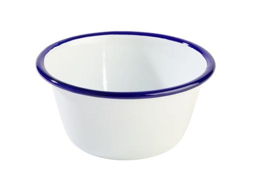 Skål 50 cl Ø13xH6 cm Emaljebelagt stål Hvid med blå kant,10 stk/pk | Bordssättning - Par - Bollar | GameStuff