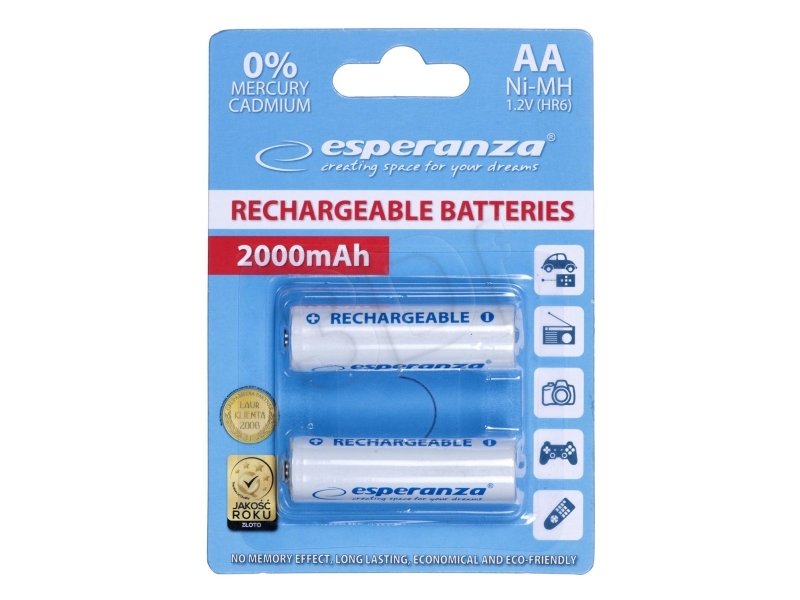 Esperanza Eza103w Ni-Mh Aa 2000 Mah Genopladelige Batterier - 2 Stk. Hvide