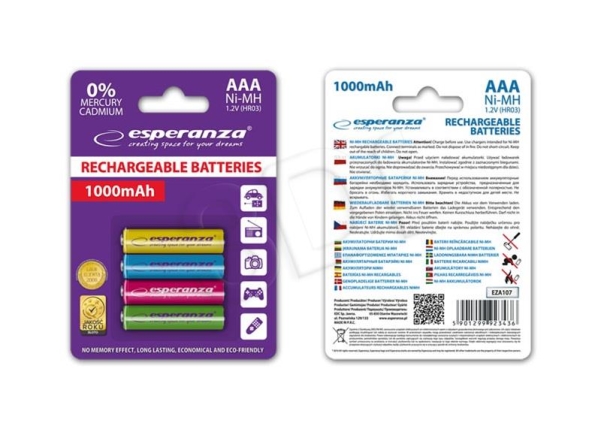 Symagfjernlager: Esperanza Eza107 Ni-Mh Aaa-Akkus 1000 Mah, 4 Stück (Gemischte Farben)