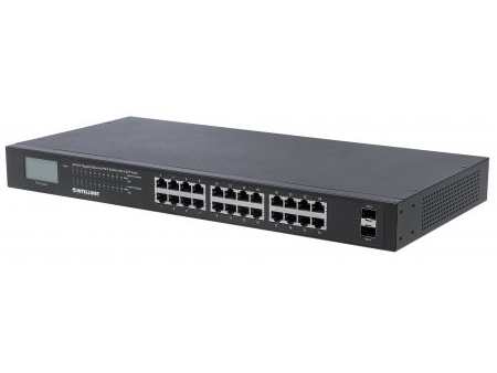 Intellinet 24-Port Gigabit Ethernet Poe+ Switch Mit 2 Sfp-Ports Und Lcd-Anzeige, Lcd-Anzeige, Ieee 802.3At/Af Power Over Ethernet (Poe+/Poe)-Konform,