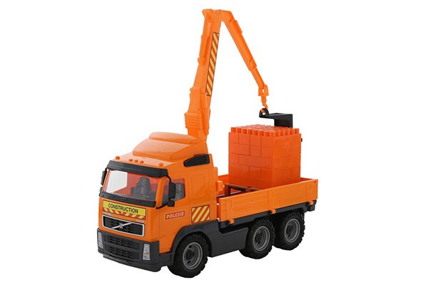 Polesie Volvo PowerTruck truck with crane arm + Construction set SuperMix-30 on pallet (tray), Lastbil, Volvo, Plast, Orange, Sort