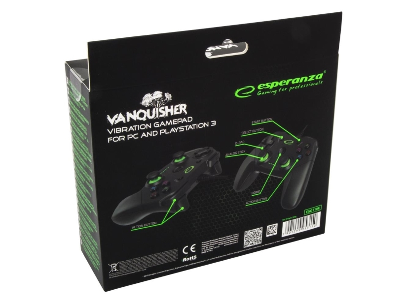 Esperanza Vanquisher - Gamepad - 12 Knapper - Kablet - Sort, Grøn - For Pc, Sony Playstation 3