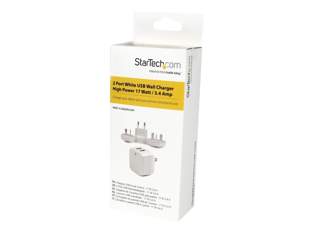 Startech Dual Port Usb Wall Charger 17W/3.4A - Travel Charger 110V/220V - Strømforsyningsadapter - 17 Watt - 3.4 A - 2 Output-Stikforbindelser (Usb)