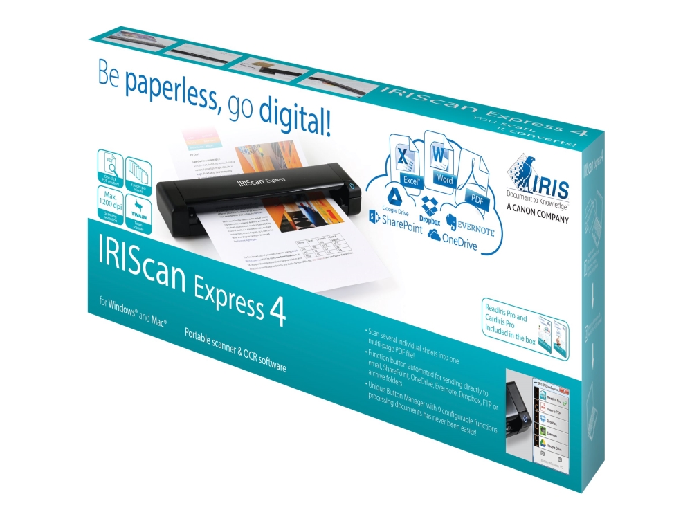 I.R.I.S. IRIScan Express 4, 210 x 297 mm, 1200 x 1200 dpi, 8 sider pr. minut, 8 sider pr. minut, Skanner med papir-tilførsel, Sort