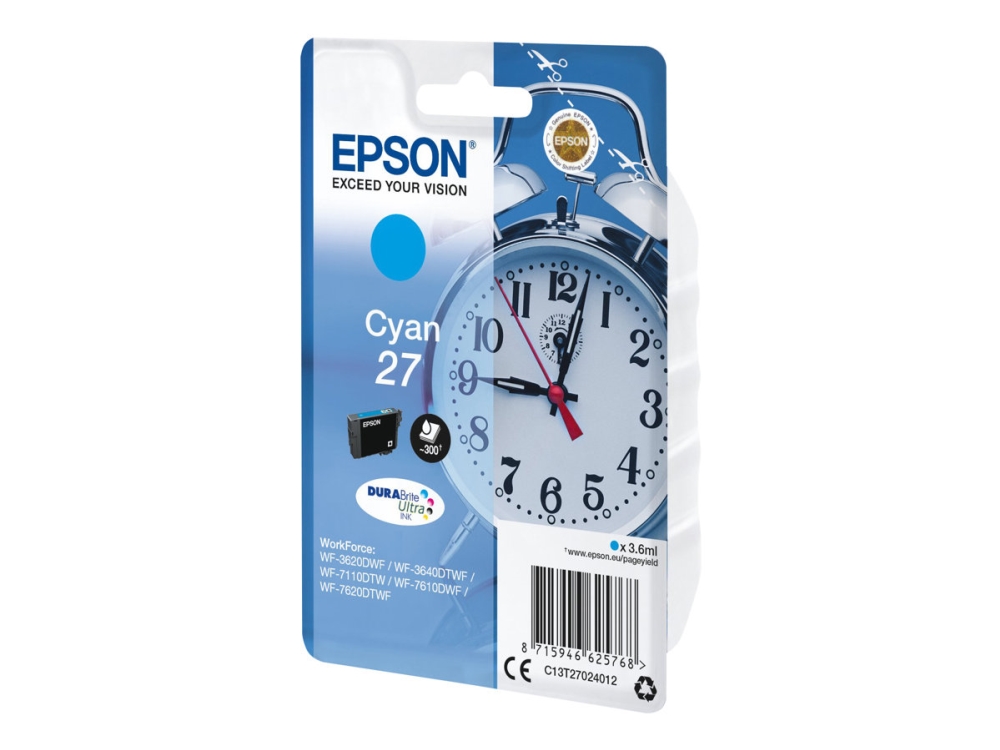 Epson 27 - 3.6 Ml - Cyan - Original - Blister Med Rf/Akustisk Alarm - Blækpatron - For Workforce Wf-3620, Wf-3640, Wf-7110, Wf-7610, Wf-7620, Wf-7715