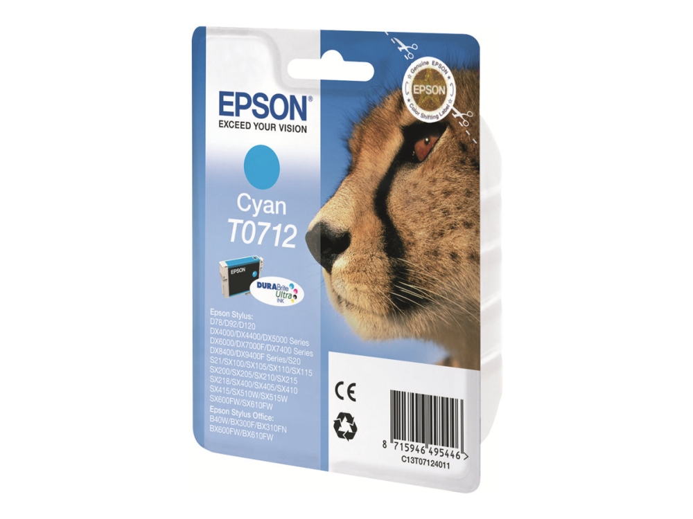 Epson T0712 - 5.5 Ml - Cyan - Original - Blister - Blækpatron - For Stylus Dx9400, Sx115, Sx210, Sx215, Sx218, Sx415, Sx515, Sx610 Stylus Office Bx3