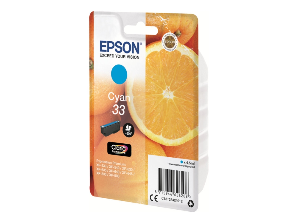 Epson 33 - 4.5 Ml - Cyan - Original - Blister - Blækpatron - For Expression Home Xp-635, 830 Expression Premium Xp-530, 540, 630, 635, 640, 645, 830