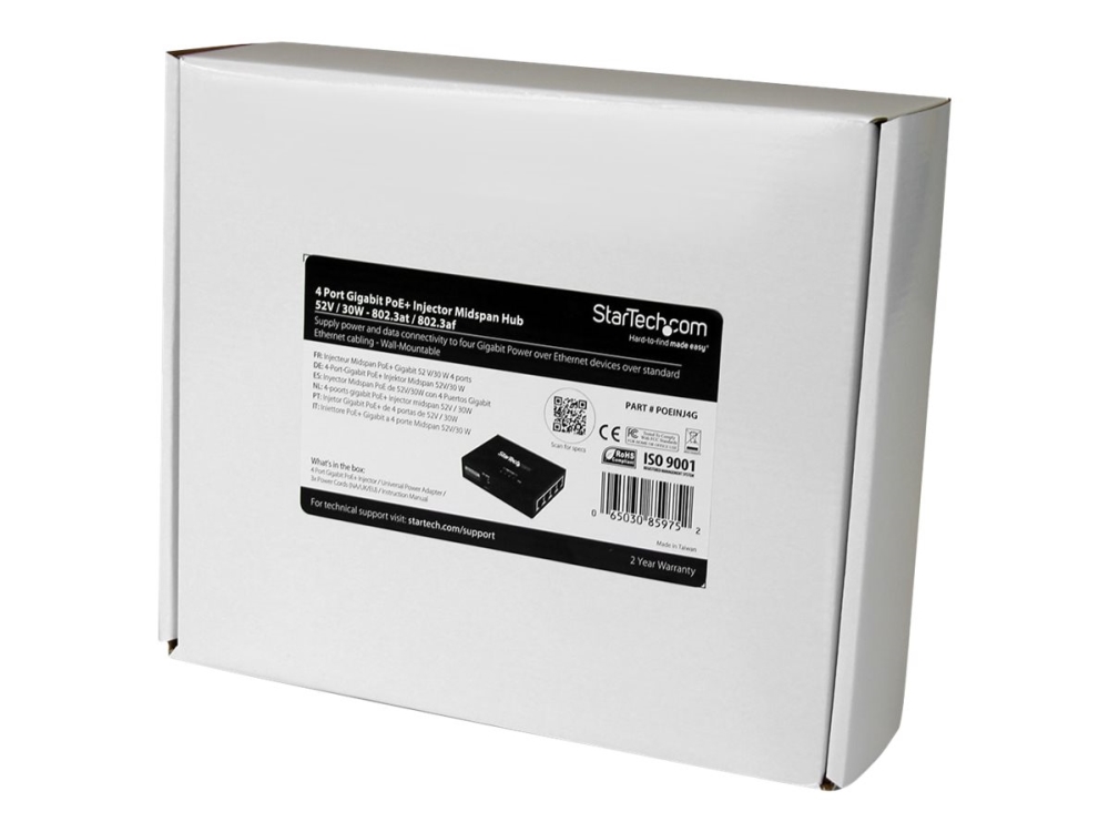 Startech.Com 4 Port Gigabit Midspan - Poe+ Injektor - 802.3At/Af, Netzwerksender, 100 M, 2000 Mbit/S, Voll, 50000 H, 10/100/1000Base-T(X)