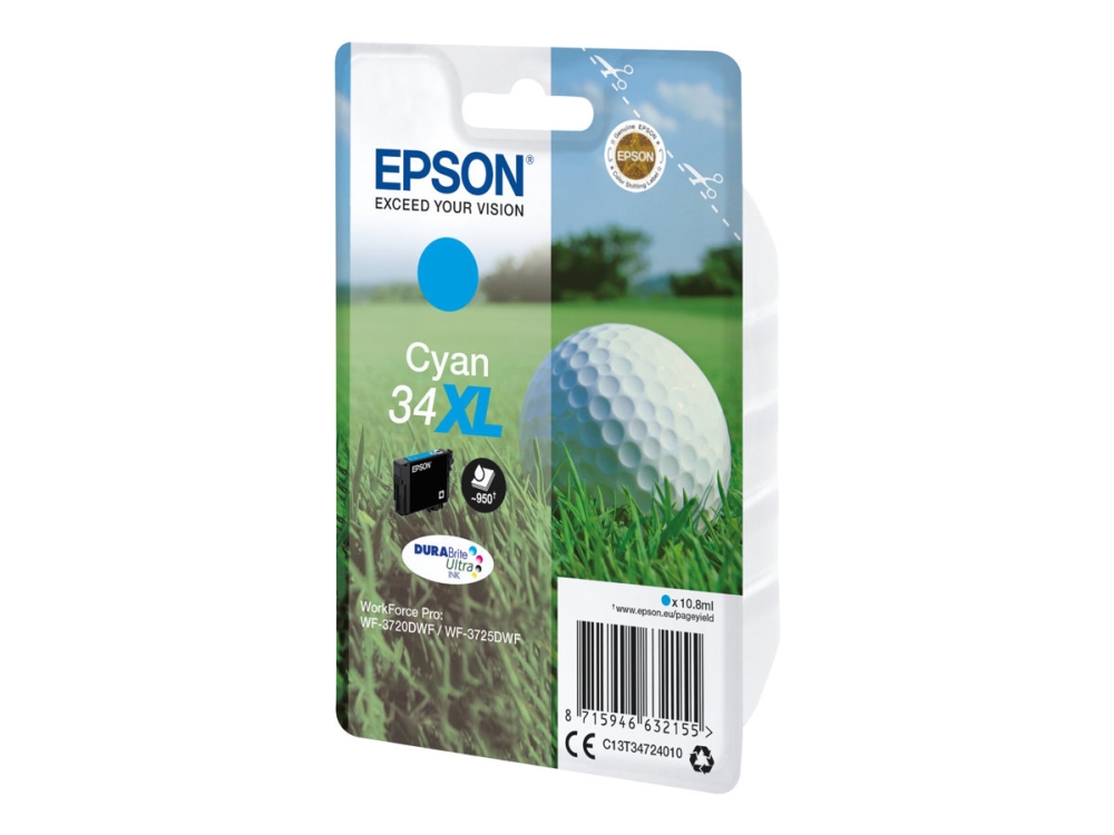 Epson Golf ball Singlepack Cyan 34XL DURABrite Ultra Ink, Korkea (XL) värintuotto, 10,8 ml, 950 sivua, 1 kpl