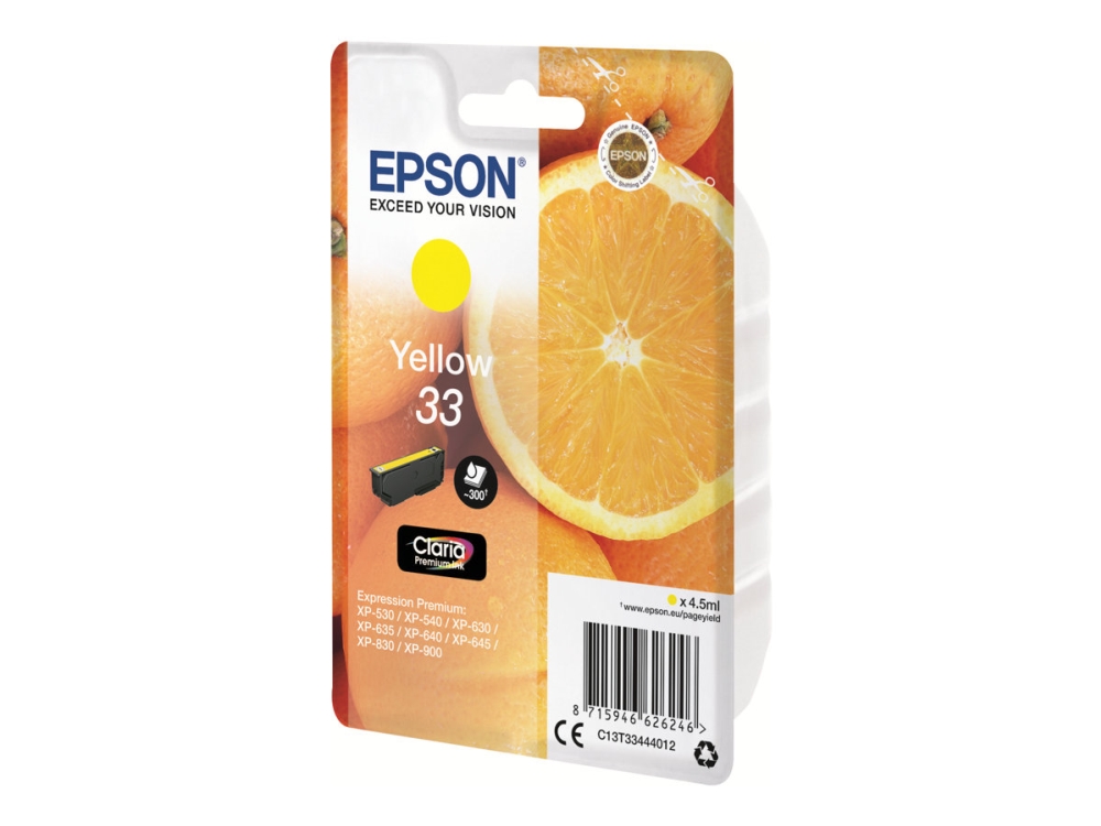Epson 33 - 4.5 Ml - Gul - Original - Blister - Blækpatron - For Expression Home Xp-635, 830 Expression Premium Xp-530, 540, 630, 635, 640, 645, 830,