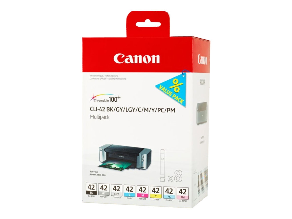 Canon Cli-42 Bk/Gy/Lg/C/M/Y/Pc/Pm Multipack - 8-Pakke - Grå, Gul, Cyan, Magenta, Lysegrå, Fotocyan, Fotomagenta - Original - Blækbeholder - For Pixma