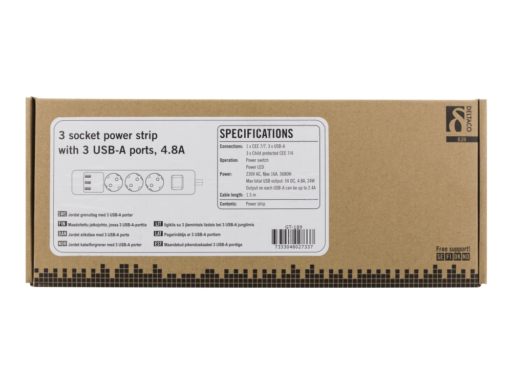 Deltaco GT-189, 1,5 m, 3 AC-pistorasia(a), Sisätila, Type F (CEE 7/4), Valkoinen, 3680 W