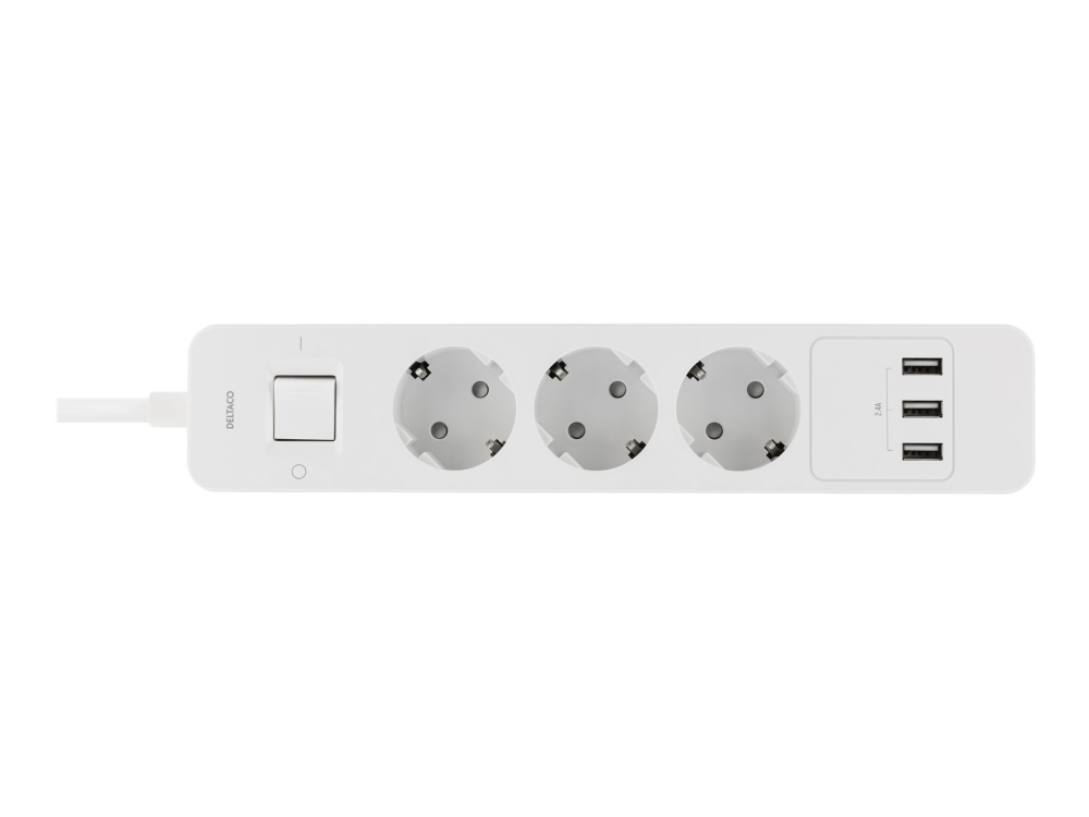 DELTACO GT-189 - Stikdåse - 3680 Watt - input: power CEE 7/7 - output-stikforbindelser: 3 (CEE 7/4, 3 x USB Type A) - 1.5 m ledning - hvid