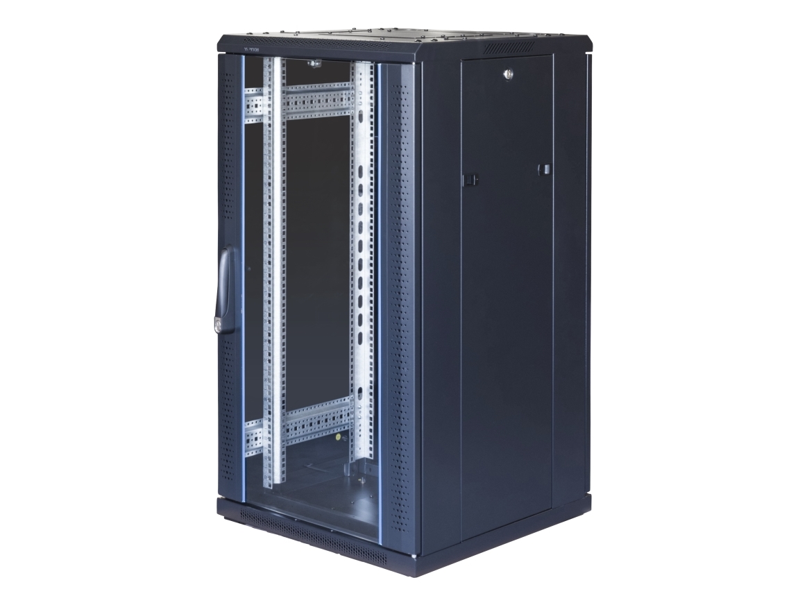 Toten System G, 19" Golvskåp, 22U, 600X600, Glasdörr Fram, Metalldörr Bak, 800Kg Last, Svart"