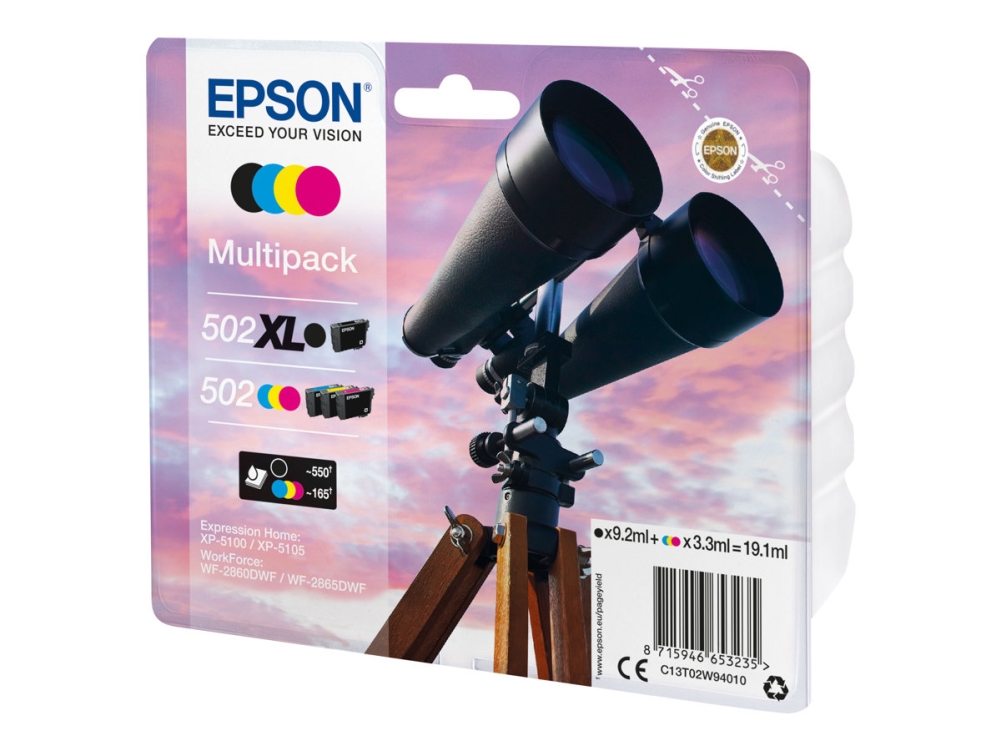 Epson 502Xl Multipack - 4-Pack - 19.1 Ml - Hög Kapacitet - Svart, Gul, Cyan, Magenta - Original - Blister Med Rf-Larm/Akustiskt Larm - Bläckpatron - För Expression Home Xp-5100, Xp-5150  Workforce Wf-2860, Wf-2865Dwf, Wf-2880Dwf, Wf-2885Dwf