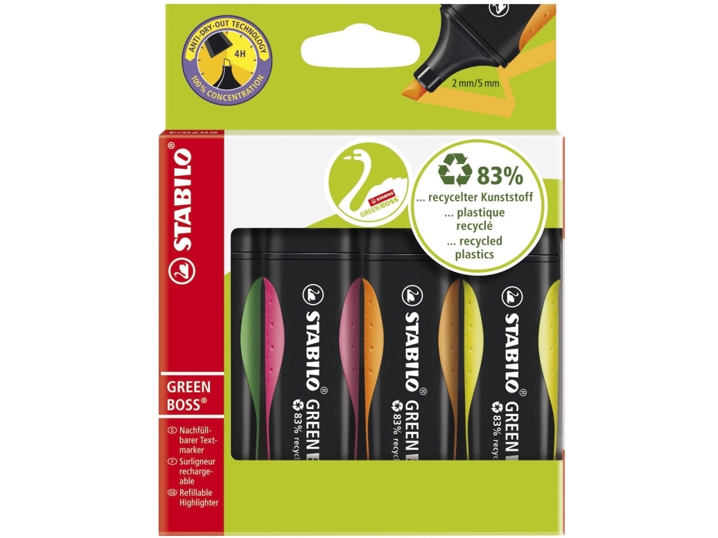 Highlighter, Stabilo Green Boss, ass.farver, pakke a 4 stk | Skrivredskap - Överstryckningspennor - Tjock Överstryckningspennor | GameStuff