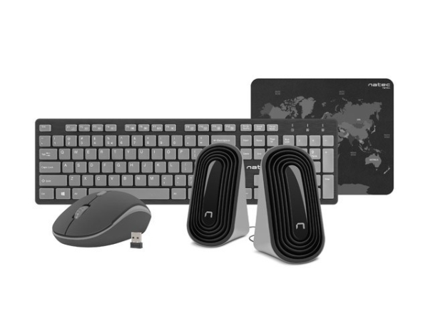 Natec Tetra, Kabellos, Usb, Membran Key Switch, Qwerty, Schwarz, Grau, Maus Enthalten
