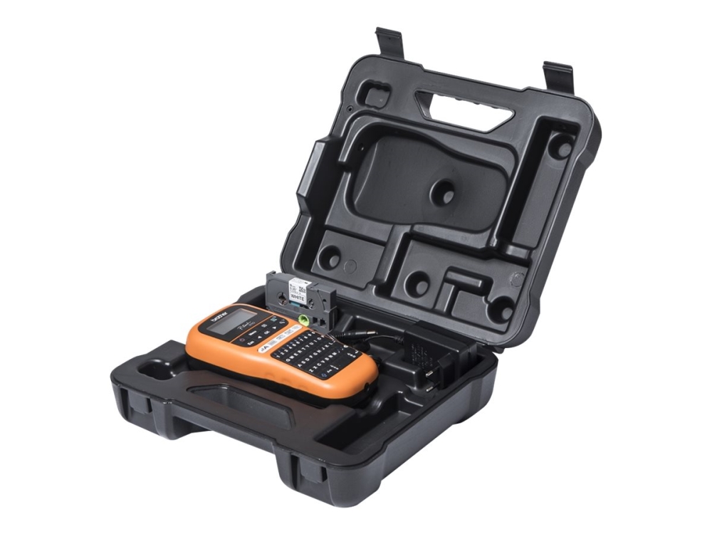 Brother P-Touch PT-E110VP - Etikettemaskine - S/H - termo transfer - Rulle (1,2 cm) - 180 dpi - op til 20 mm/sek. - skærer - 2 skrivelinier - sort, orange