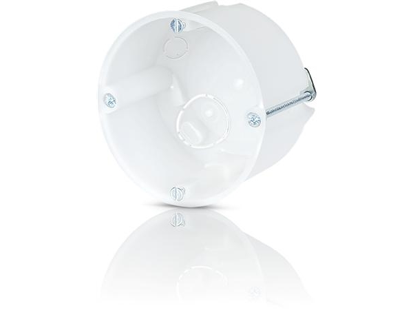 Frontbox Ø68 mm djup 47 mm. Halogenfri. Levereras med monteringsskruvar. Uttag för kabel- och rörgenomföringar. Vit Eurobox