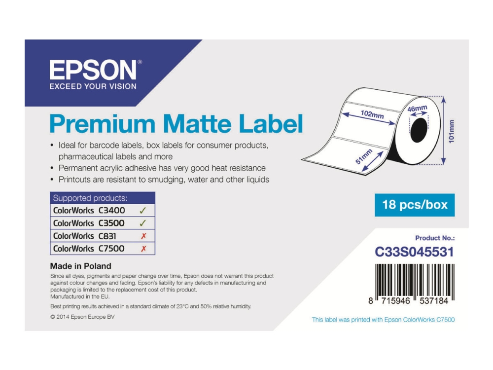 Epson Premium - Mat - 102 x 51 mm 650 etikette(r) (1 rulle(r) x 650) pressestempel skæreetikette - for Epson TM-C3400-LT  ColorWorks CW-C4000E  TM C3400, C3400BK, C3400E, C3400U, C3500
