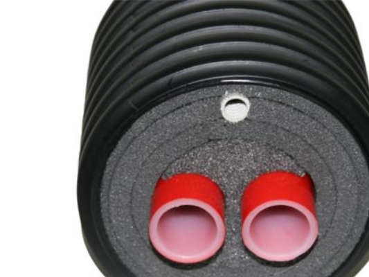 præ-iso dobb.28mm varme - 25m pr.rl.2X(28X4)+trækrør125mm 16/125 Pex, 10bar 70gr. - (25 meter)