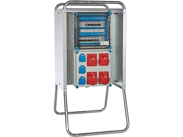 Målertavle 63A med stativ. Afgange: 3 x DK 230V/13A, 2 x CEE 400V/16A, 2 x CEE 400V/32A