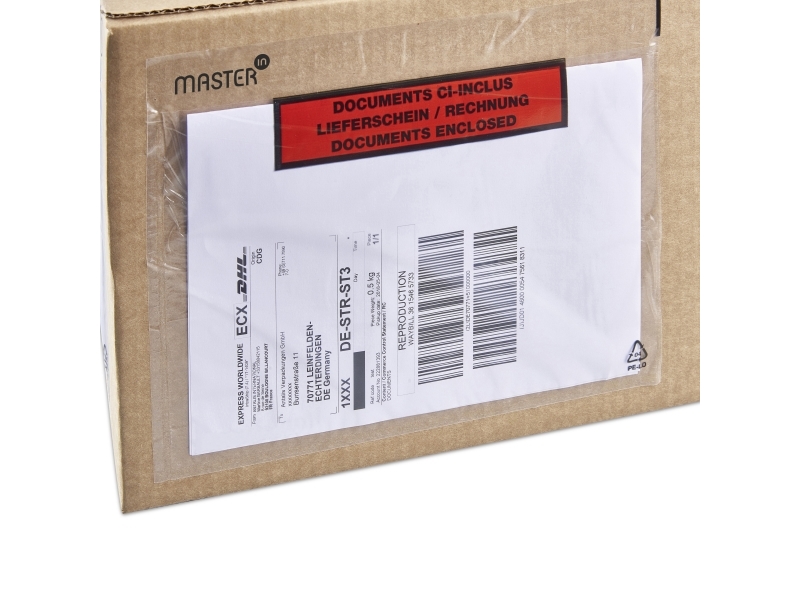 Følgeseddellomme i plast C5 m/tryk 240x162mm 1000stk/kar Plast25/Plast25/Papir46