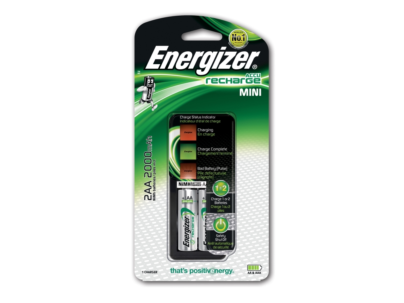 Energizer Mini Charger, Nickel-metallhydrid (NiMH), Överbelastning, AA, AAA, 2 styck, Batterier medföljer