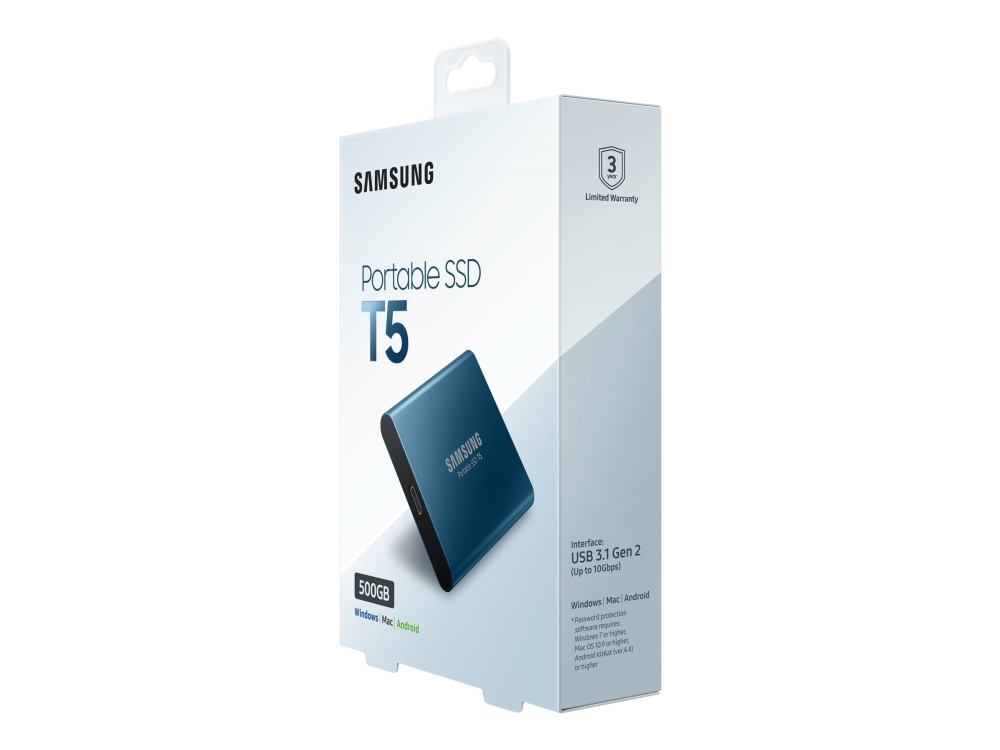 Samsung T5 MU-PA500 - SSD - krypteret - GB - ekstern (bærbar) - USB 3.1 Gen 2 (USB-C stikforbindelse) - 256-bit AES - Oceanblå