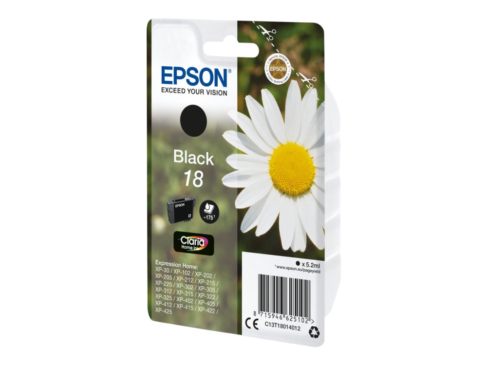 Epson 18 - 5.2 Ml - Sort - Original - Blækpatron - For Expression Home Xp-212, 215, 225, 312, 315, 322, 325, 412, 415, 422, 425