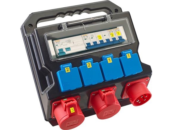 Installationskort 32A 1 X 32A 5-polig CEE-ingång 1 X 32A + 1 X 16A 5-polig CEE-kontakt 4 X 16A 230 Kontakt med dansk jord | Elektrisk utrustning - Svartavlor | GameStuff