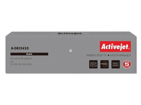 Activejet -Farvebånd A-Oki3410 (Erstatning Oki 9002308 Supreme Sort), Oki Ml: 393, 395, 3410, 8360., Sort, Dot Matrix, 10000000 Karakterer, Sort, N