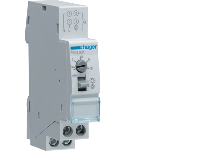 HAGER Trappeautomat, 1NO 16A, 250VAC, spolespænding 230VAC 50/60Hz, indstilling 30sek.-10min., dinskinne, 18mm bred, 3- eller 4-leder