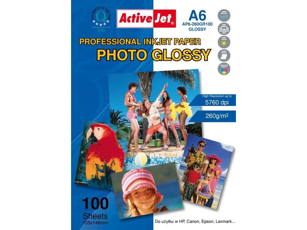 Activejet Ap6-260Gr100, Hvid, Glans, 260 G/M², Inkjet, A6, Resin