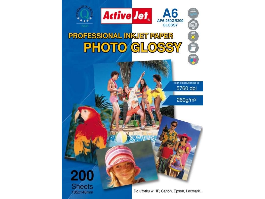 Activejet Ap6-260Gr200 Fotopapier Für Tintendrucker A6 200 Stück, Glanz, 260 G/M², Tintenstrahl, A6, Weiß, Harz