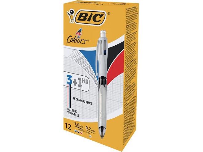 Bic 4Colours, Clips, Clip-On Udtrækkelig Kuglepen, Sort, Blå, Grøn, Rød, 12 Stk