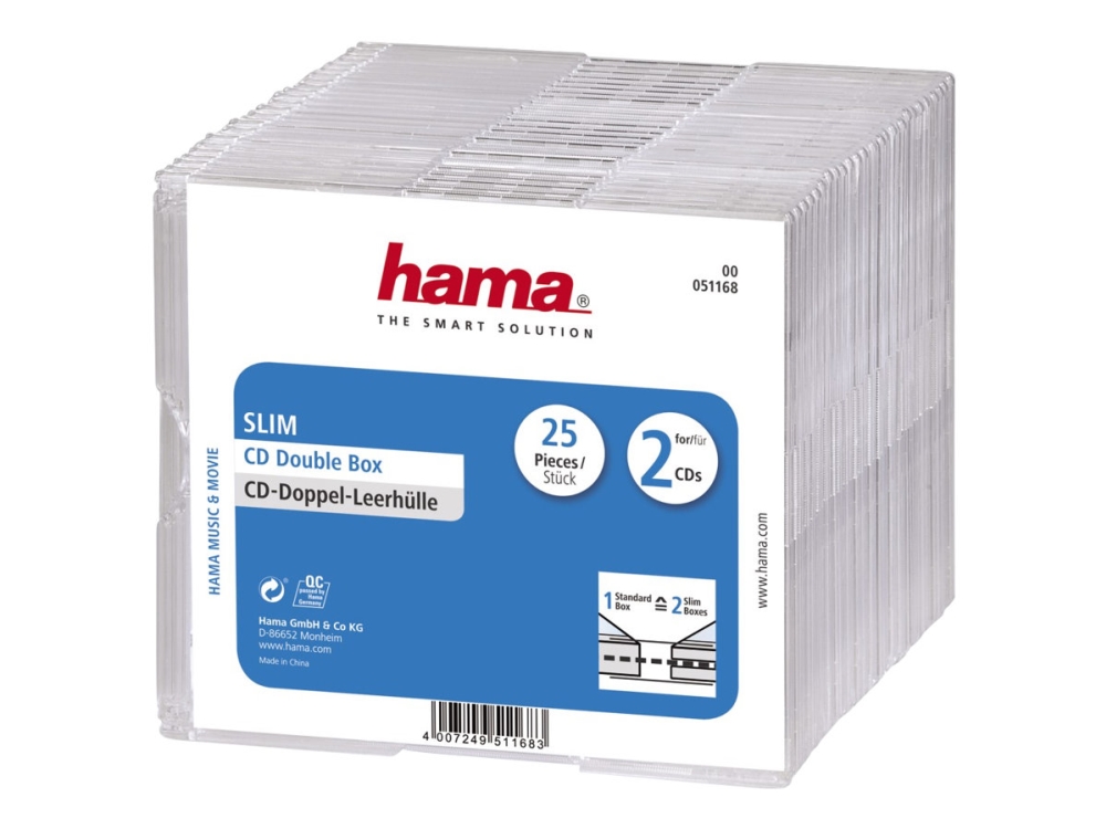 Hama 00051168, Schmales Gehäuse, 2 Disks, Transparent, Polystyrene, 120 Mm, 125 Mm