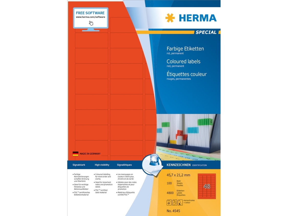 Herma 4545, Rød, Rektandel, A4, Universel, Mat, Laser/Inkjet