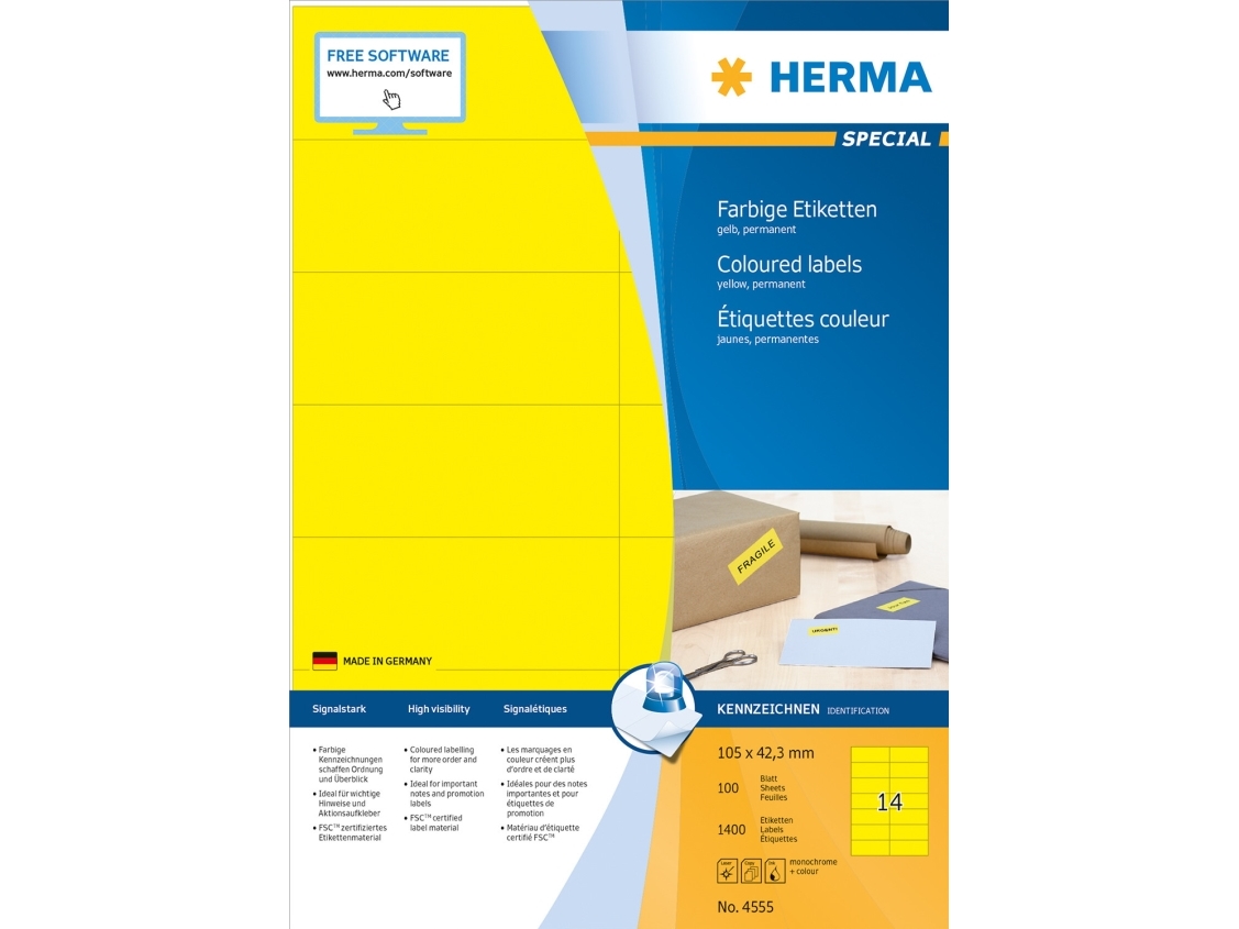 Herma 4555, Gul, Rektandel, A4, Universel, Mat, Laser/Inkjet