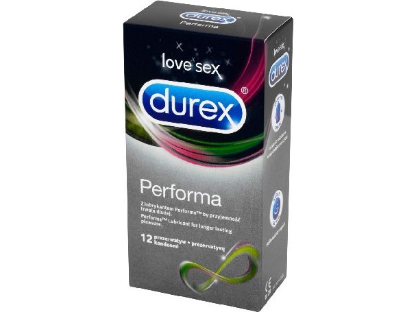 Durex Performa, For menn, Gjennomsiktig, Forlengende effekt (øktens varighet), 52 mm, 12 stykker