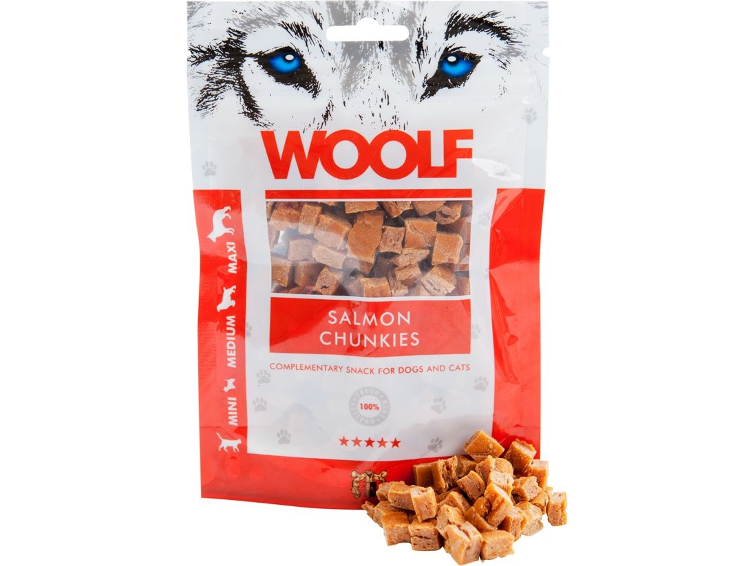 WOOLF Salmon Chunkies - herkkuja koirille ja kissoille - 100g