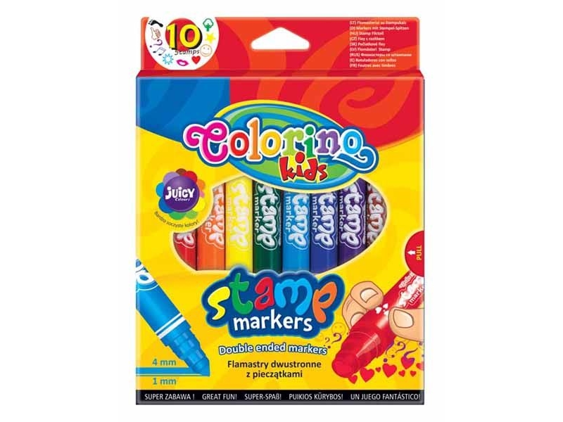 Dobbeltsidede Markere Med Stempler Colorino, 10 Farver