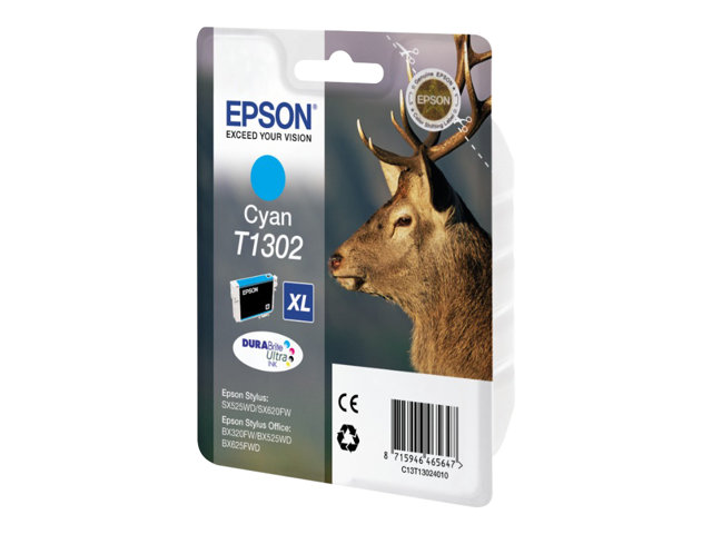 Epson Stag Singlepack Cyan T1302 Durabrite Ultra Ink, Hohe (Xl-) Ausbeute, 10,1 Ml, 765 Seiten, 1 Stück(E)