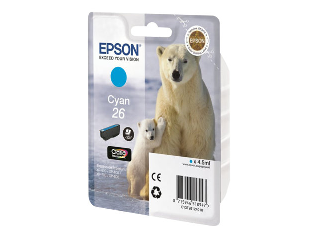 Epson 26 - 4.5 Ml - Cyan - Original - Blækpatron - For Expression Premium Xp-510, 520, 600, 605, 610, 615, 620, 625, 700, 710, 720, 800, 810, 820