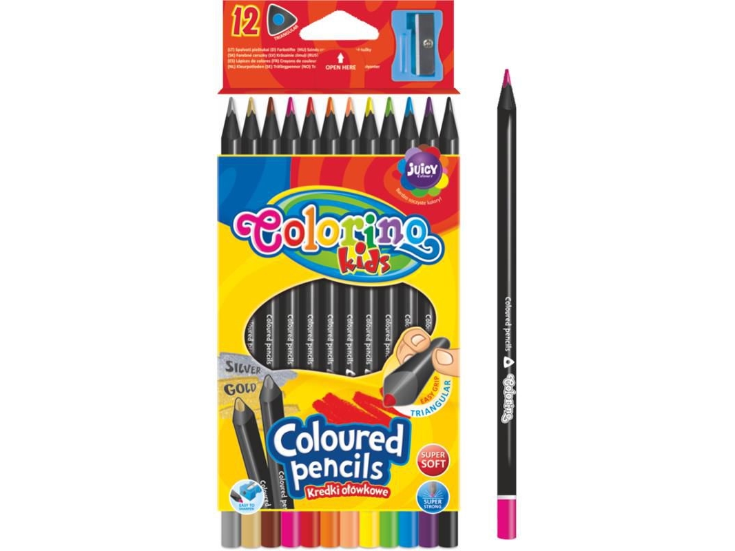 Buntstifte, Dreikantig, Colorino Kids, 12 Farben (Gold, Silber) Schwarz Holz, Mit Spitzer